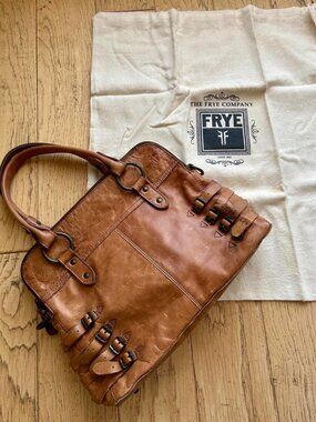 Frye Selena Whiskey Brown Leather Shoulder Bag Large Belted Tote Distressed Tan